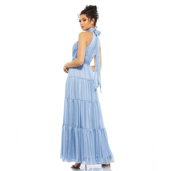MAC DUGGAL tie neck halter tiered gown maxi dress light blue metallic formal 4 - Picture 2 of 13
